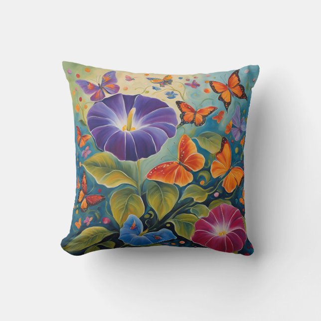 Mexican Morning Glory & Butterfly Square Pillow (Front)