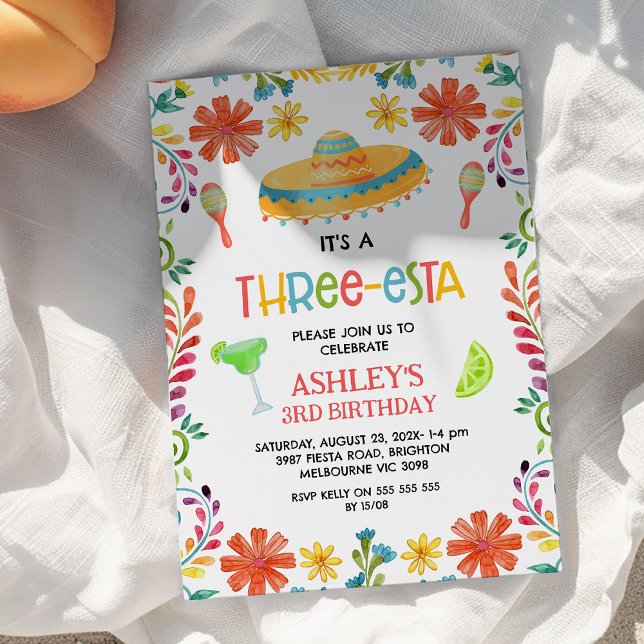 Mexican Multicolored Floral Threeesta 3rd Birthday Invitation (Colorful Threeesta 3rd Birthday Invitation, Fiesta 3rd Birthday Invitation Girl, Three-esta Party)