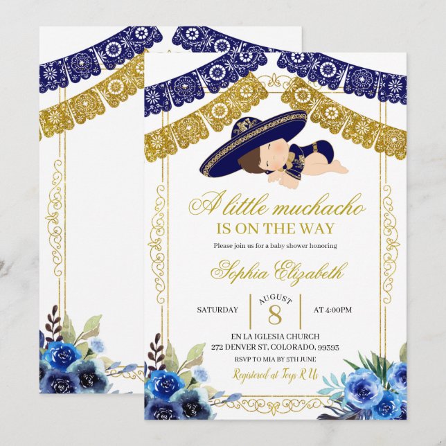 Mexican Navy Blue and Gold Charro Big Boy Invitation (Front/Back)