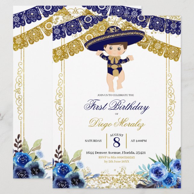 Mexican Navy Blue and Gold Charro First Birthday Invitation (Front/Back)