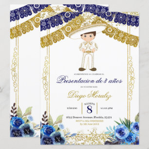 Mexican Navy Blue and Gold Charro Los 3 años Invitation