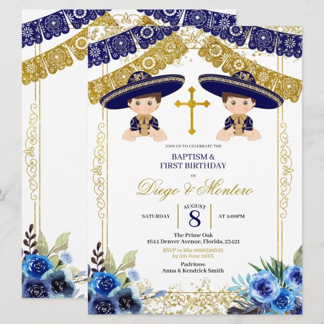 Mexican Navy Blue and Gold Charro Twins Invitation (Front/Back)