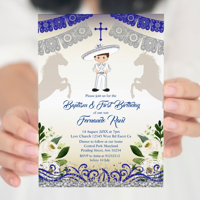 Mexican Navy Blue Boy Baptism and Birthday   Invitation (Creator Uploaded)