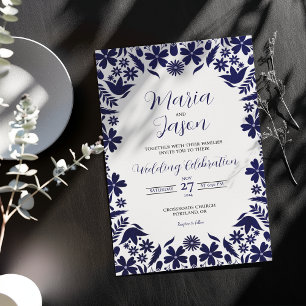 Mexican Navy Blue Floral Classic Aesthetic Wedding Invitation