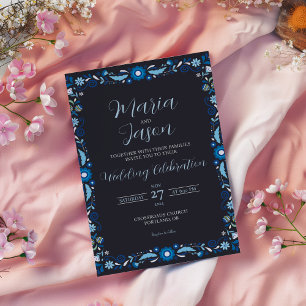 Mexican Navy Blue Floral Elegant Classic Wedding Invitation