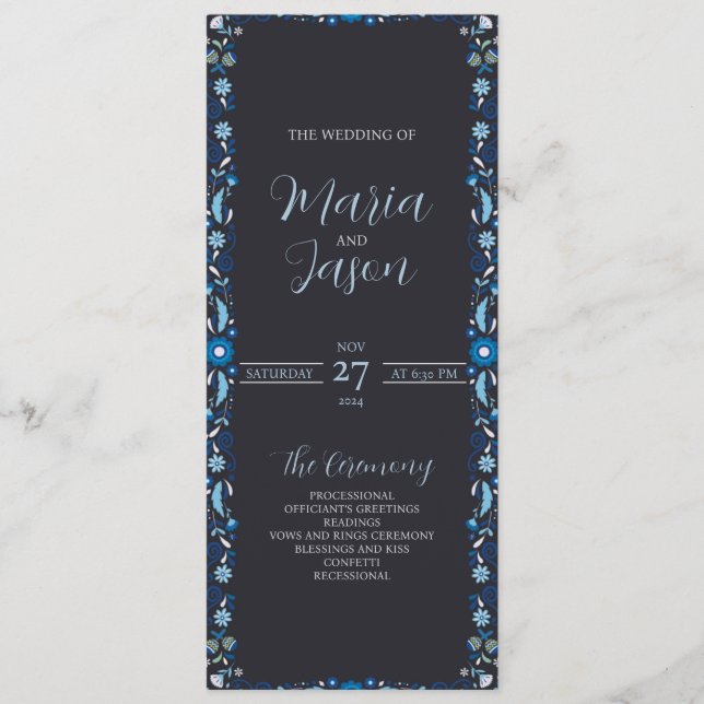 Mexican Navy Blue Floral Elegant Classic Wedding Programme (Front)