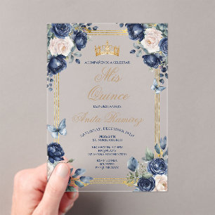 Mexican Navy Blue Floral & Gold Crown Mis Quince Acrylic Invitations