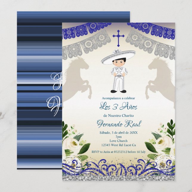  Mexican Navy Blue Invitaciones Tres Anos Invitation (Front/Back)