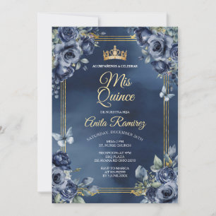 Mexican Navy Blue Roses 16th Birthday Quinceañera Invitation