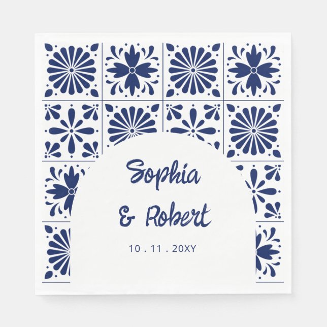 Mexican Navy Blue Talavera Tiles Wedding Napkin (Front)