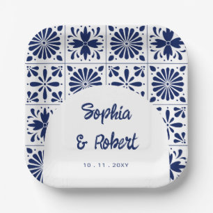 Mexican Navy Blue Talavera Tiles Wedding Paper Plate