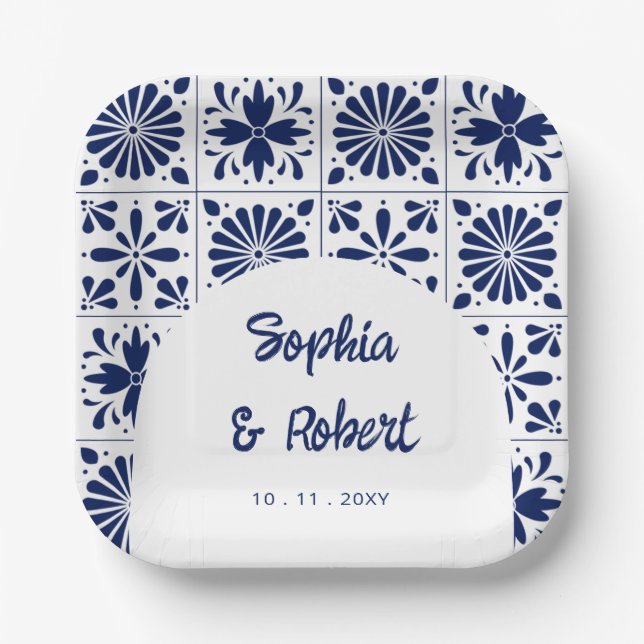 Mexican Navy Blue Talavera Tiles Wedding Paper Plate (Front)