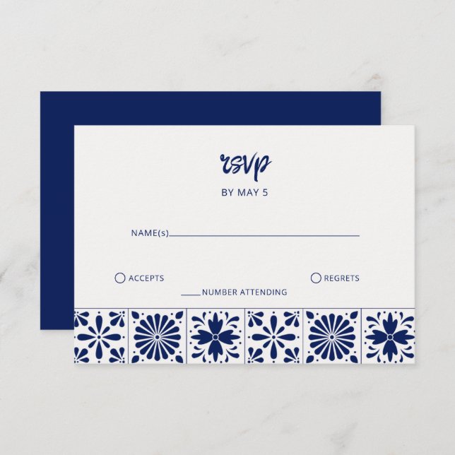 Mexican Navy Blue Talavera Tiles Wedding RSVP Card (Front/Back)