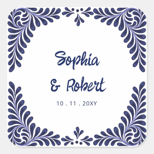 Mexican Navy Blue Talavera Tiles Wedding Square Sticker (Front)