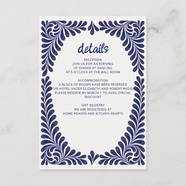 Mexican Navy Blue Talavera Wedding Enclosure Card (Front)