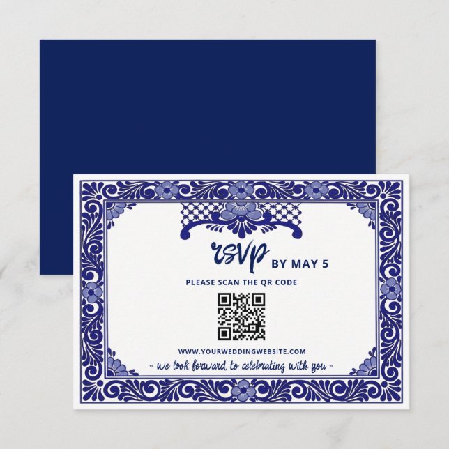 Mexican Navy Blue Talavera Wedding QR Code RSVP Card (Front/Back)