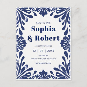 Mexican Navy Blue Talavera Wedding Save the Date Announcement Postcard