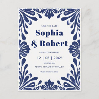 Mexican Navy Blue Talavera Wedding Save the Date Announcement Postcard