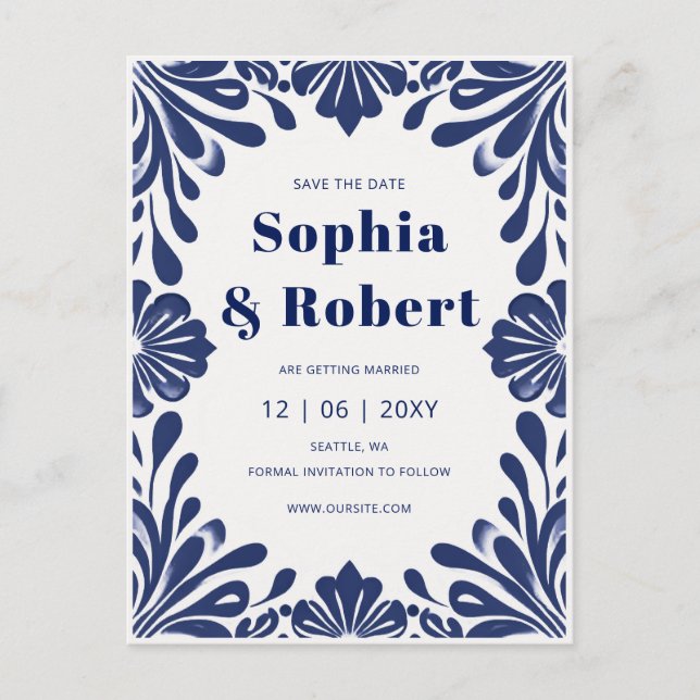Mexican Navy Blue Talavera Wedding Save the Date Announcement Postcard (Front)