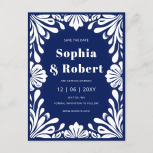 Mexican Navy Blue Talavera Wedding Save the Date Announcement Postcard