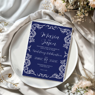 Mexican Navy Blue Vintage Formal Elegant Wedding Invitation