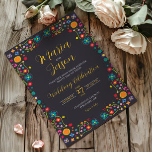 Mexican Navy Floral Aesthetic Folk Art Wedding Invitation