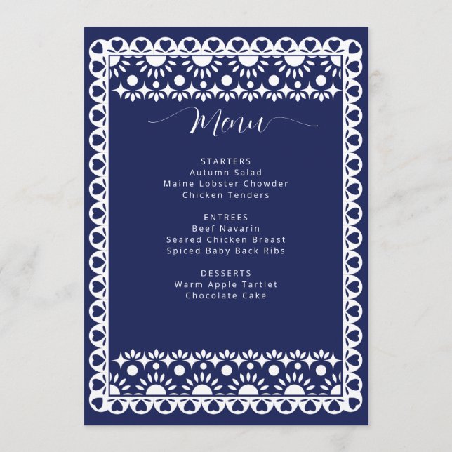 Mexican Navy Papel Picado Boho Bridal Shower Menu (Front)