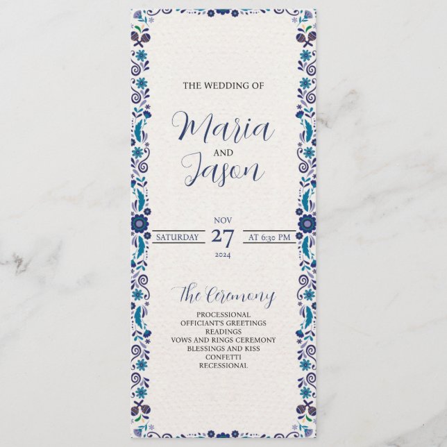 Mexican Navy White Floral Elegant Classic Wedding Programme (Front)