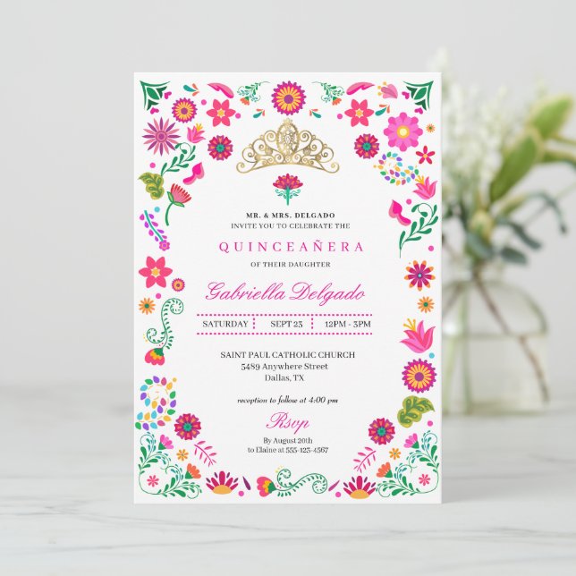 Mexican Otomi Embroidery Quinceañera Invitation (Standing Front)