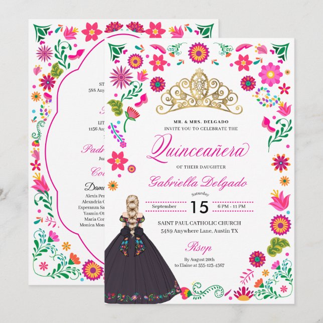 Mexican Otomi Embroidery Quinceañera Invitation (Front/Back)