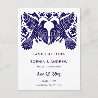 Mexican Otomi Folk Art Blue Save The Date Announcement Postcard