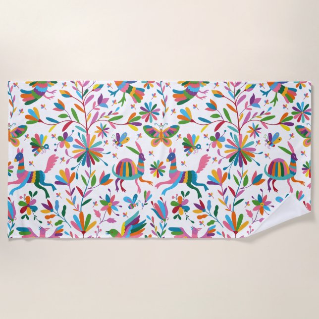  Mexican Otomi Style Bright Pattern Beach Towel (Front)