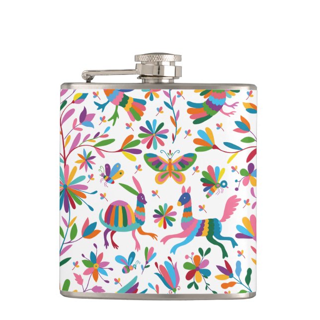  Mexican Otomi Style Bright Pattern Hip Flask (Front)