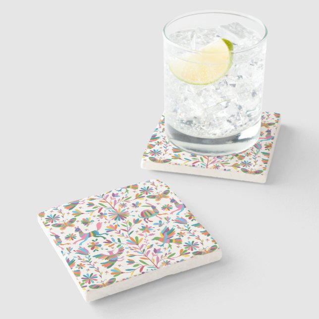  Mexican Otomi Style Bright Pattern Stone Coaster (Side)