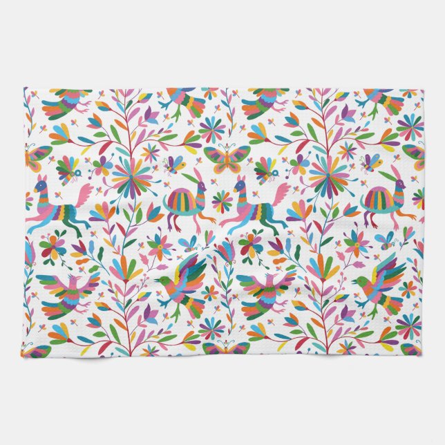  Mexican Otomi Style Bright Pattern Tea Towel (Horizontal)