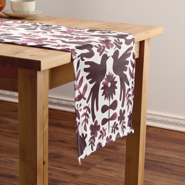 Mexican Otomi Themed Table Runner - Burgundy (In Situ)
