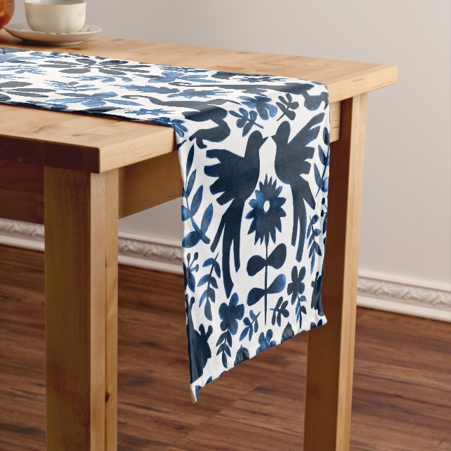 Mexican Otomi Themed Table Runner - Navy (In Situ)