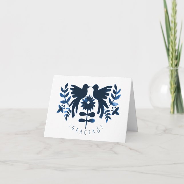 Mexican Otomi Themed Wedding Thank-You Card - Navy (Front)