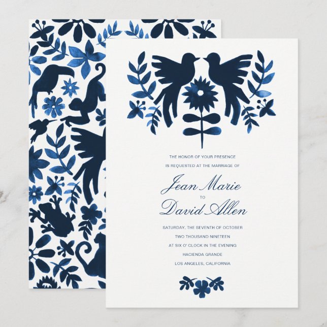 Mexican Otomi Wedding Invitation - Navy (Front/Back)
