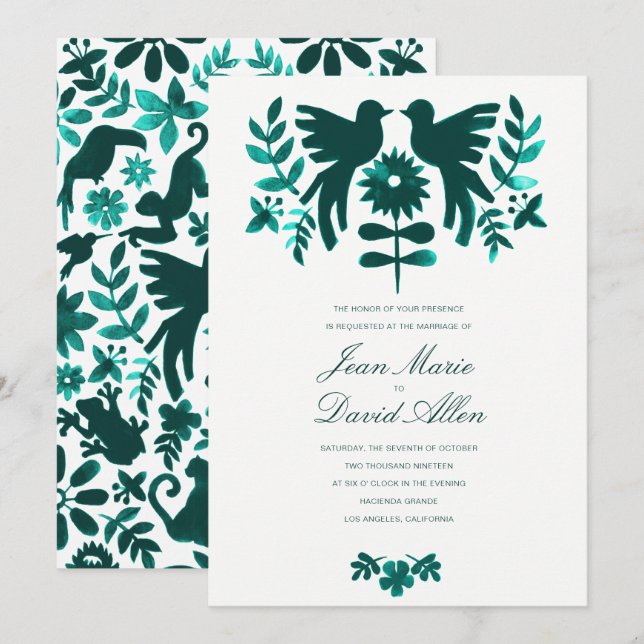 Mexican Otomi Wedding Invitation - Teal (Front/Back)