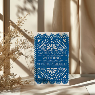 Mexican Papel Picado Blue Folk Art Boda Wedding Invitation