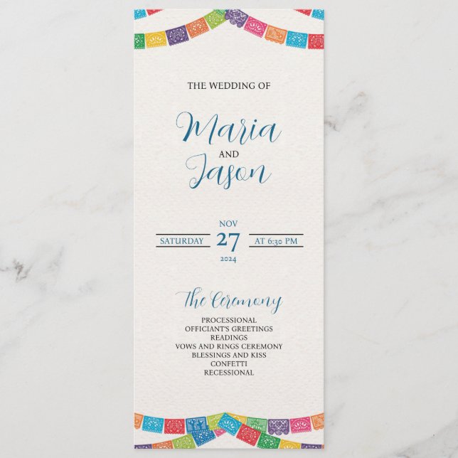 Mexican Papel Picado Elegant Colourful Boda Weddin Programme (Front)