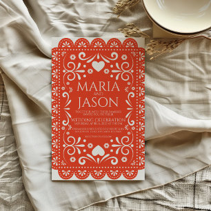 Mexican Papel Picado Orange White Folk Art Wedding Invitation