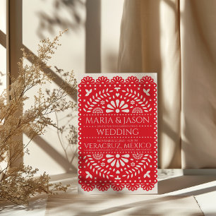 Mexican Papel Picado Red Folk Art Boda Wedding Invitation