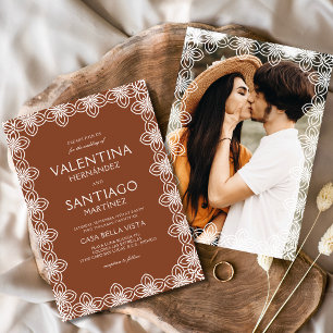 Mexican Papel Picado Terracotta Photo Boho Wedding Invitation