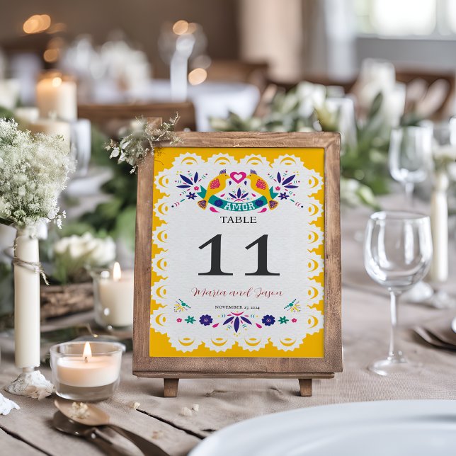 Mexican Papel Picado Yellow Nuestra Boda Wedding Table Number (Mexican Papel Picado Yellow Nuestra Boda Wedding Table Number)