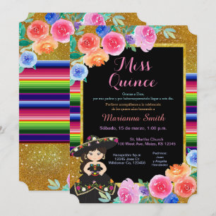 Mexican Party Gold Black Dress Quinceañera  Invitation