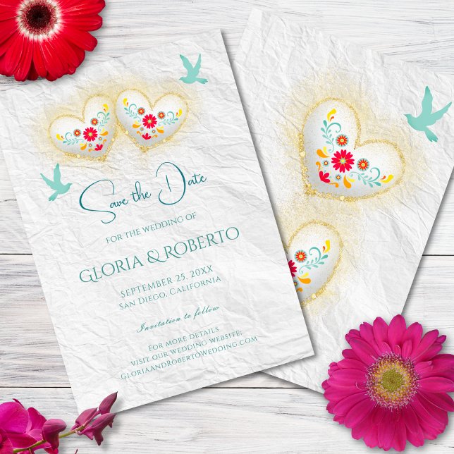 Mexican Pastel Hearts Flowers Doves Save The Date  Invitation (Creator Uploaded)