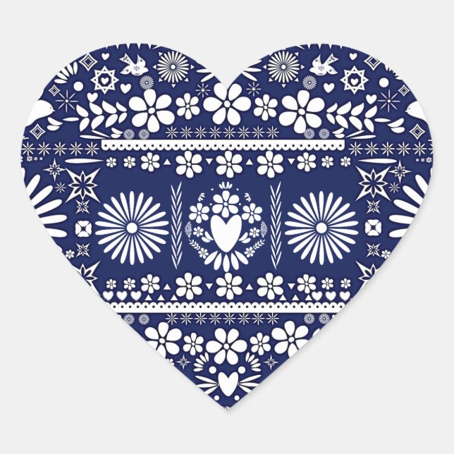 Mexican Picado Blue White Paper Wedding Marriage Heart Sticker (Front)