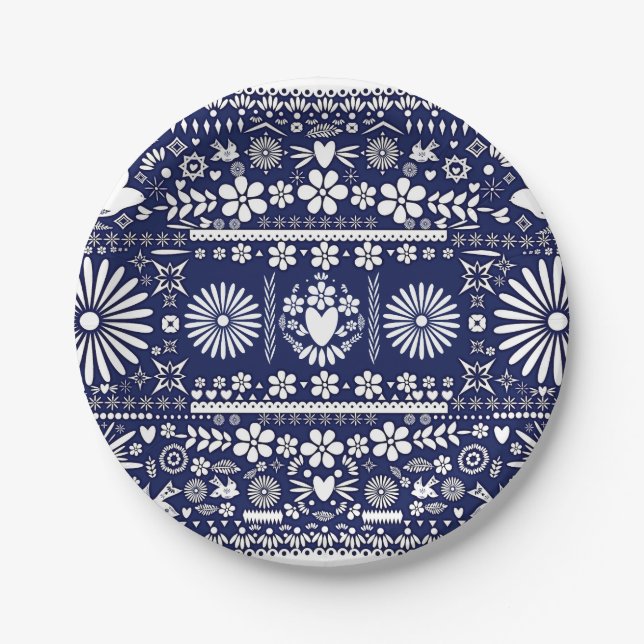 Mexican Picado Blue White Paper Wedding Marriage Plate (Front)